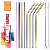 JOYECO Stainless Steel Drinking Metal Straws, Rainbow Multi-Colored Straw, Reusable Drink Straw for 20oz Tumblers Rumblers Beverage (Set of 8,4 Bent+4 Straight + 2Brushes)