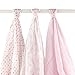 Hudson Baby Unisex Baby Cotton Muslin Swaddle Blankets, Pink Feather, 3-Pack