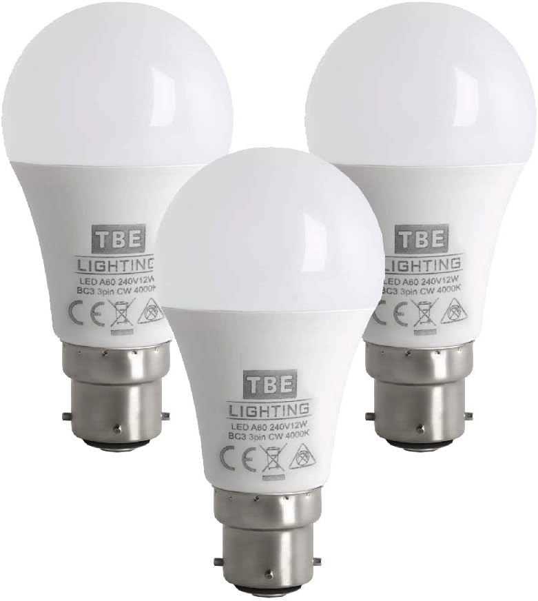 TBE LIGHTING BC3 3 PIN LED Bulbs, 3 Pack, 12w Non-DIMMABLE Energy Saving LED A60 Bulb, Cool White 4000K, 1100 Lumen Output