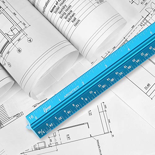 Architectural Scale Ruler, Engineer Drafting, Triangular - American Standard. 6 Sides, 11 Scales. Made of Laser Engraved Anodized Turquoise Aluminum. 12â€ Long. 100% Accuracy. Bonus Steel Ruler