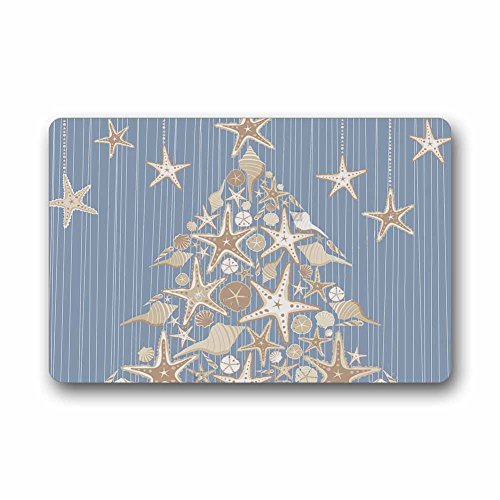 Doormats Custom Blue White Seashell Beach Christmas Holiday Tree Machine Washable Top Fabric Non-Slip Rubber Indoor Outdoor Home Office Bathroom Size 23.6x15.7
