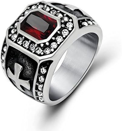 Fatu Fashion Men's Red Stone with Corss Stainless Steel Silver Rings US 7