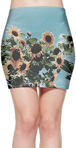 Mangaey Womens Floating Yellow Blooms Sunflower Elastic Waist Stretch Bodycon Mini Skirt