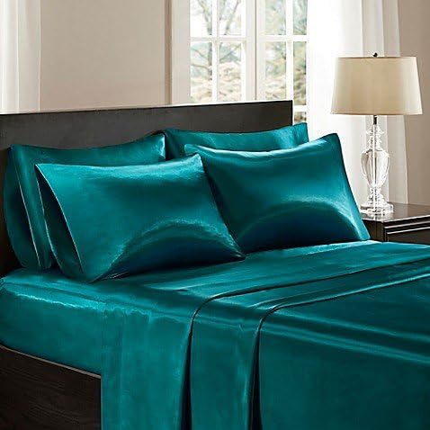 Bedify Bedding 100% Pure Silk Satin Sheet Set 4pcs, Silk Fitted Sheet 15'' Deep Pocket,Silk Flat Sheet & Pillowcases Set !!! Queen, Teal