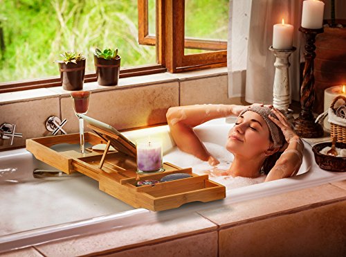 Prosumer's Choice Bamboo Bathtub Caddy with Extra-Long Sides and Built-in Phone/Tablet and Wine Glass Holder - Thumbnail 5