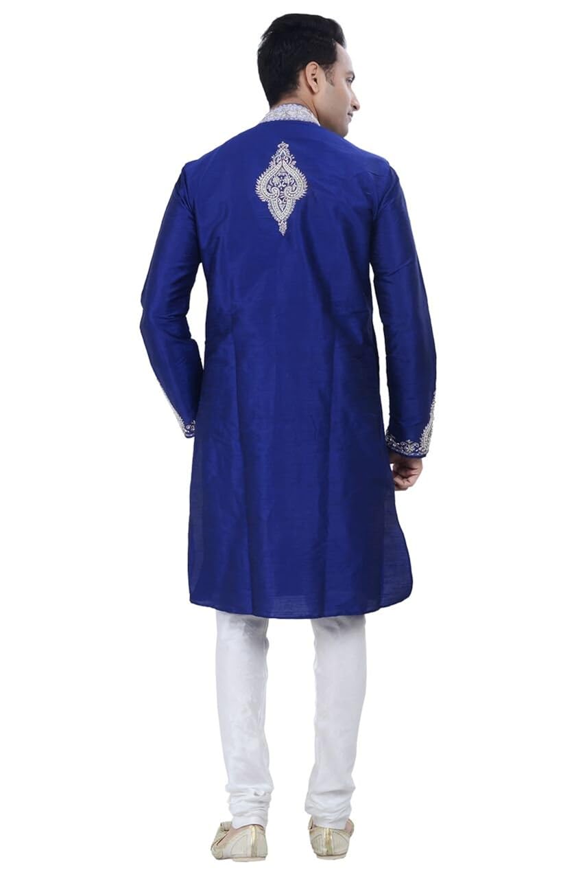 ethnic indian design royal blue kurta sherwani for men 2pc suit