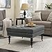 BELLEZE Square Ottoman Large Tufted Button Linen Fabric Bench Foot Nailhead Trim Stool with Rolling Wheels, Charcoal