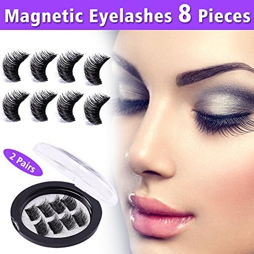 False Magnetic Eyelashes No Glue 3D Reusable Fake Eyelashes Extensions 8 Pieces Natural Mink Lashes Set with Single Magnets, Ideal for Deep &amp; Round Eyes (Black, 2 Pairs)