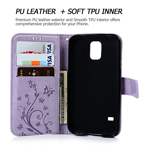 S5 Case, Samsung Galaxy S5 Case - Mavis's Diary Premium Wallet PU Leather with Fashion Embossed Floral Butterfly Magnetic Clasp Card Holders Flip Cover with Hand Strap - Light Purple