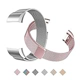 Tecson Magnetic Bands Compatible Fitbit Charge 2 (Pack of 2), Stainless Steel Metal Milanese Replacement Strap with Magnet Lock for Fitbit Charge 2, Rose Pink and Silver