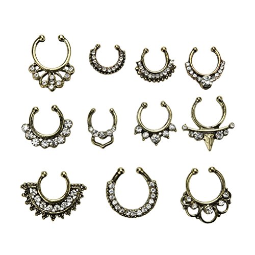 Maggie 11Pcs Fake Septum Clicker Nose Ring Rhinestone Non Piercing Hanger Clip Body Jewelry