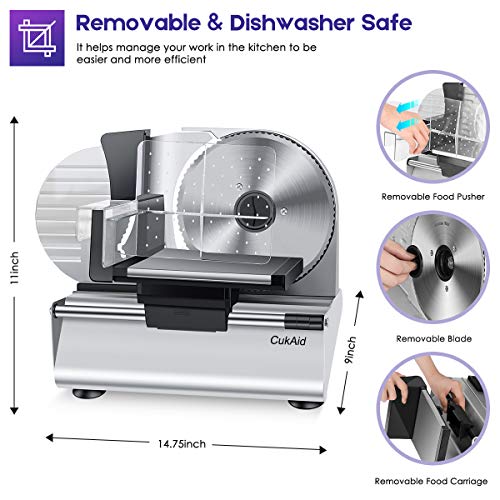 CukAid Electric Meat Slicer Machine, Deli Cheese Bread Food Slicer, Dishwasher Safe, Removable Stainless Steel Blade & Food Carriage and Pusher, 7/8 Inch Adjustable Thickness, 180W, Commercial & Home Use