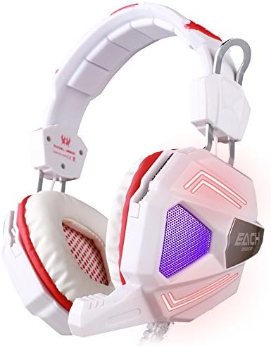EACH G5200 7.1 Virtual Surround Sound PC Gaming Headphones Headset with Mic & Stereo Bass Colorful LED Light for Laptop Tablet iPhone smartphone White+Red