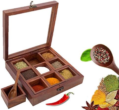 Nagina Shilp Craft Sheesham Wooden Table Top Masala Dabba Containers Jars Cum Kitchen Spice Box with Spoon (Brown)
