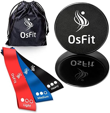 OsFit Set Of 2 Gliding Discs & 3 Resistance Bands – Professional Fitness Equipment For Home & Gym Exercises – Double Sided Core Sliders & Heavy/Medium/Light Resistance Loops – Carrying Pouch Included