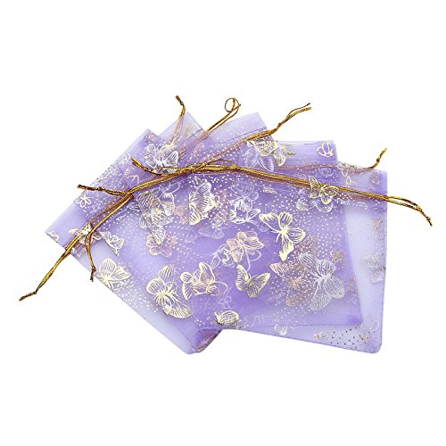 Anleolife 100pcs Purple Organza Bags Sheer Wedding Favors 3.9x4.7'' Lavender Baby Shower Drawstring Pouches Business Sample Display Gift Bags Soap Organizer 10*12cm(purple butterfly with gold print) - Thumbnail 2