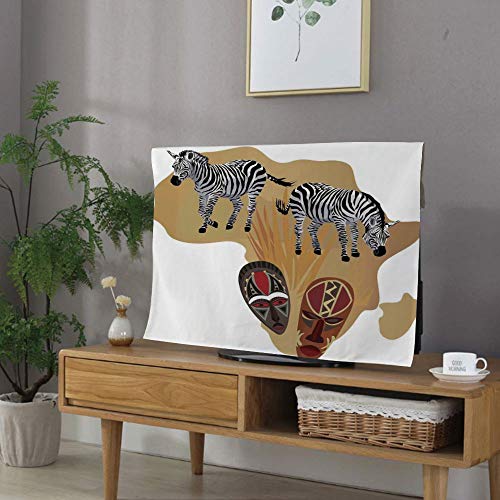 Safari 70" TV Cover,Illustration of Native Ethnic Icons and Traditional Ceremonial African Mask Zebra,Display Protector Dustproof Silky Smooth Antistatic Dust Cover