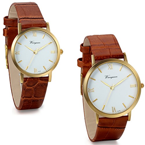 JewelryWe 2pcs of Couple His and Hers Wrist Watches Anniversary Valentine Gift Sets with Coffee Leather Band
