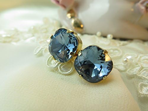 BLUE SAPPHIRE SWAROVSKI ELEMENT CRYSTALS 14K GOLD PLATED POST EARRING