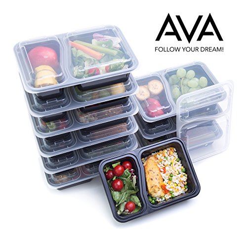 [10 Pack] Food Containers 2 Compartment Premium by AVA : Leak Proof, Microwave, Dishwasher & Freezer Safe, Bento Lunch Box - Durable Plastic Reusable Portion Control Meal Prep Containers