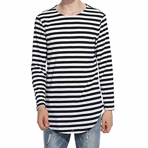 LIWEIKE Men s Striped Hip Hop Basic Longline Crewneck T-Shirt (XX-Large, Black&White Striped 2)
