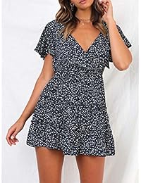 YIBOCK Vestido de verano para mujer, cuello en V, volantes, volantes, para playa, mini vestido