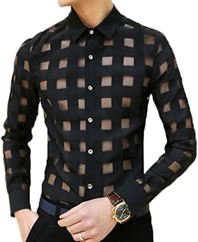 OUYE Men's Long Sleeve Plaid See Through Casual Shirt