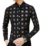 OUYE Men's Long Sleeve Plaid See Through Casual Shirt X-Large Black