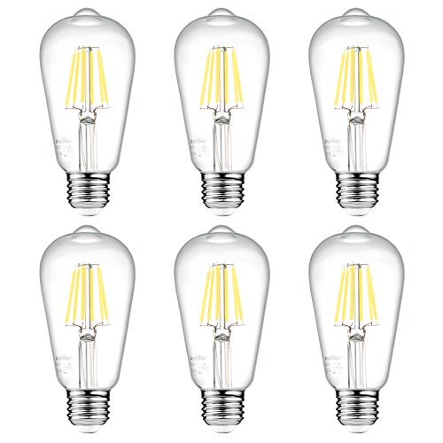 Ascher E26 LED Light Bulbs, 8W, Equivalent 75W, 1000lm, Daylight White 5000K, ST58 Edison Bulb, Vintage Filament Clear Glass, Non Dimmable, Pack of 6