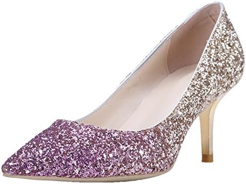 Royou Yiuoer Women Pumps Pointed Toe Sequins Gradient Kitten 6.5 cm Wedding Pumps Slip On Purple Gold 8.5 B(M) US