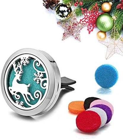 Car Air Conditioner Outlet Perfume Clip Diffuser Locket Vent Clip Christmas Milu Deer Essential Oil Aromatherapy Fragrance 316L Stainless Steel Locket with 7 Washable Refill Pads