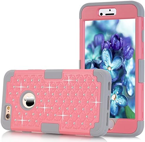 Case for iPhone 6/ 6S 4.7 Inch ALLW Hybrid Silicone Polycarbonate Protective Case Shock Resistant Embedded with Bling Crystal Rhinestones Durable Sparkly Stylish (Light Pink + Grey)