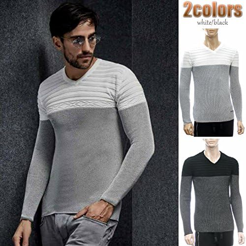 Amazon Vネック ニット セーター メンズ 胸ボーダー編み 薄地 薄手 白グレー コットンニット 春 秋冬 キレイメ ｘｘｌ 黒 セーター 通販