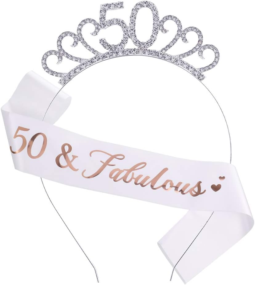Hugttt 50th Birthday Tiara and Sash, 50 Fabulous Glitter Satin Sash and Crystal Crown