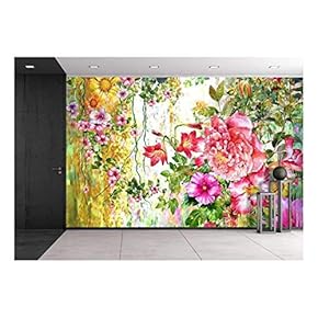 Abstract Flowers Watercolor Painting. Spring Multicolored Flowers - Removable Wall Mural | Self-Adhesive Large Wallpaper - 66x96 inches