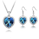 Sapphire Blue Long Teardrop Swarovski Element Set Austria Crystal Fashion Earrings Pendant Necklace FREE Organza Pouch Bag
