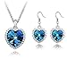 Sapphire Blue Long Teardrop Swarovski Element Set Austria Crystal Fashion Earrings Pendant Necklace FREE Organza Pouch Bag