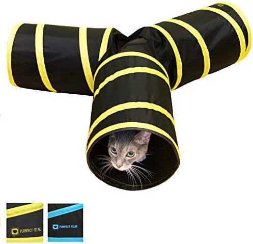 PURRFECT FELINE - 3 Way Cat Tunnel and Crinkle Cat Toy - Interactive Cat Toy with Cat Ball Included - Kitten Toys & Cat Supplies for Indoor Cats, Ferrets, Rabbits or Small Dogs - Yellow - L