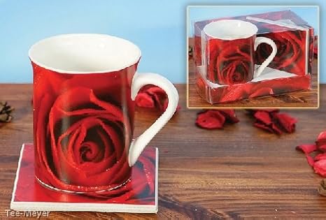 Amazon.de: Becher Rote Rose mit Kachel Porzellan in Geschenkbox