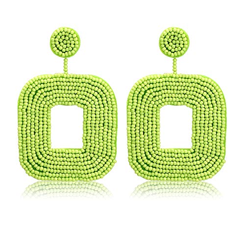 Women's Beaded Tassel Earrings Long Fringe Drop Bohemian Earings Dangle 7 Colors (Square-Grass green)