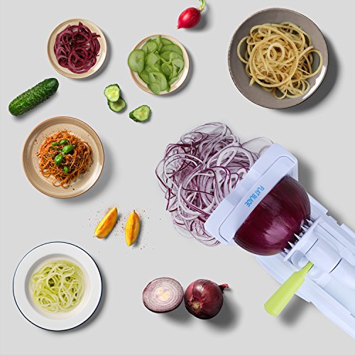 5-Blade Spiralizer Vegetable Spiral Slicer, Noodle Maker, Fruits and Veggies Slicer for Low Carb/Paleo/Gluten-Free Meals with Labeled Blades and Storage Box, Cleaning Brush (Free Recipe Book)