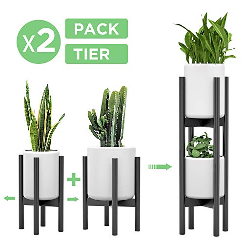 2 Pack Indoor Plant Stands, 2 Tier Tall (30 inches) Mid Century Modern Bamboo Wood Plant Stand, Adjustable Width 8 to 12 inches, Fits Pot Size of 8 9 10 11 12 inches (Pot & Plant Not Included), Black