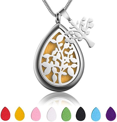 Teardrop Aromatherapy Essential Oil Diffuser Necklace Locket Pendant Hypo-Allergenic 316L Surgical Grade Stainless Steel With 23.6" Adjustable Snake Chain and 8 Reusable Washable Refill Pads (Tree)