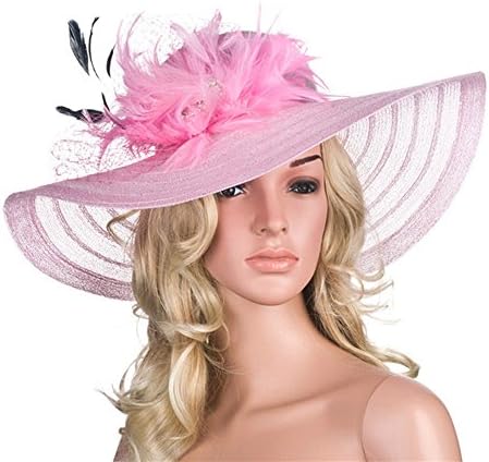 SYBKNSTW Women Dress Hats Church Wedding Derby Wide Brim Feather Veil Sun Hat Female Floppy Hats Pink