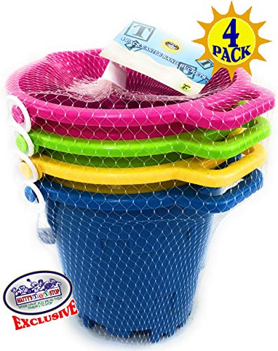 Matty's Toy Stop Beach Gear 7" Plastic Castle Mold Sand Buckets (Pails) with Easy Pour Spout and Handle Blue, Pink, Green & Yellow Party Set Bundle - 4 Pack - Thumbnail 6