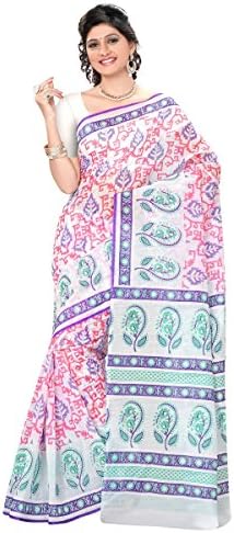 Aksaa Fashion Women's Indian Off White Printed Blended Cotton Saree, Sari with Unstitched Blouse Piece