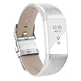 For Fitbit Charge 2 Wristband, Adjustable Genuine Leather Replacement Bands for Fitbit Charge 2 Silver