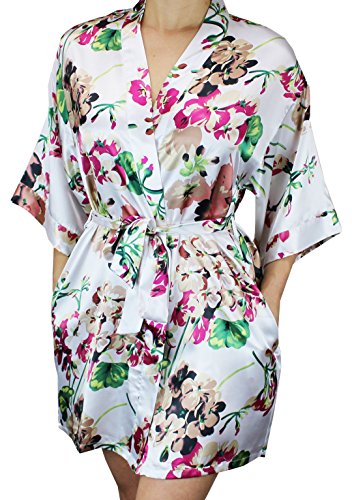 Ms Lovely Women's Floral Satin Bridesmaid Robe Short Kimono W/Pockets for Bridal Party - White M/L - Thumbnail 2