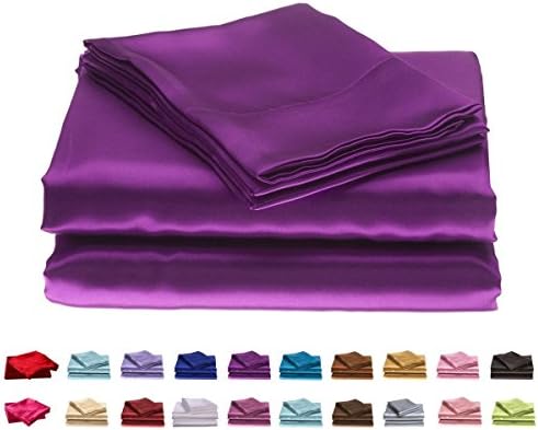 Fine Class Hotel Quality Silky Soft Luxurious Satin 4 Pc Sheet Set Wrinkle &amp; Fade Resistant, Hypoallergenic Breathable Durable Comfort Bedding Set !!! Queen, Purple