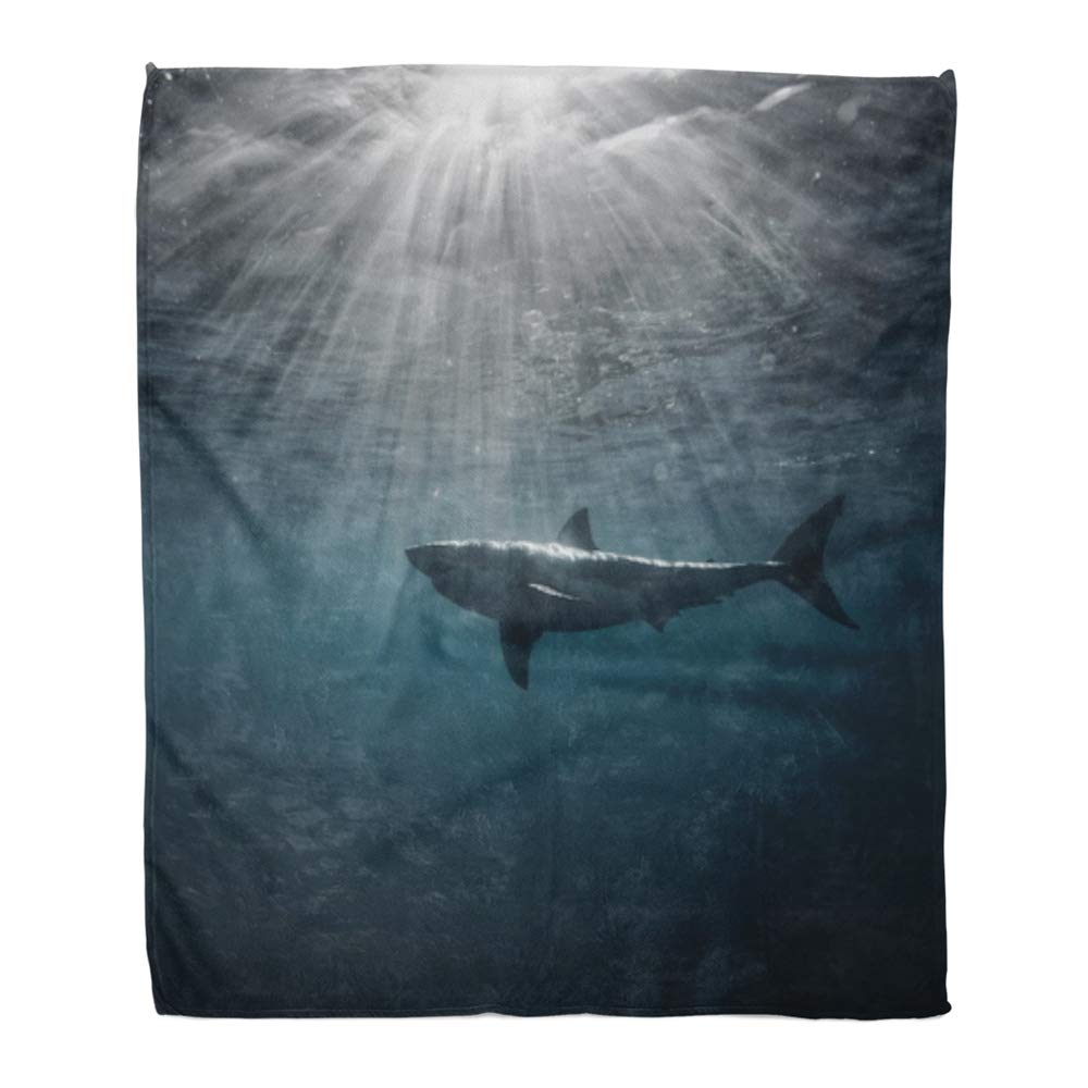 Emvency Throw Blanket Warm Cozy Print Flannel Great White Shark in Blue Ocean Underwater Photography Predator Hunting Near Comfortable Soft for Bed Sofa and Couch 60x80 Inches